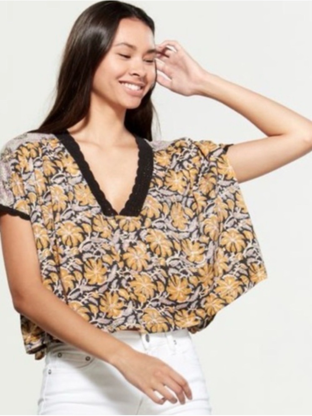 Free People Short Sleeve Black Leilani Printed Crop Top